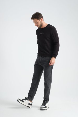 Siyah Erkek Üç İplik Sweatshirt Regular Fit Pamuklu Bisiklet Yaka Günlük Spor Basic