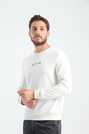 Ekru Erkek Üç İplik Sweatshirt Regular Fit Pamuklu Bisiklet Yaka Günlük Spor Basic
