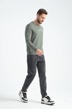 Haki Erkek Üç İplik Sweatshirt Regular Fit Pamuklu Bisiklet Yaka Günlük Spor Basic