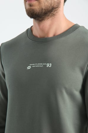 Haki Erkek Üç İplik Sweatshirt Regular Fit Pamuklu Bisiklet Yaka Günlük Spor Basic