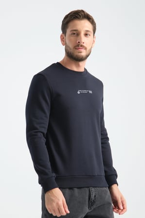 Lacivert Erkek Üç İplik Sweatshirt Regular Fit Pamuklu Bisiklet Yaka Günlük Spor Basic