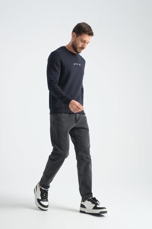 Lacivert Erkek Üç İplik Sweatshirt Regular Fit Pamuklu Bisiklet Yaka Günlük Spor Basic