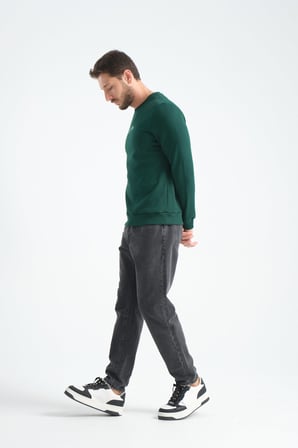Koyu Yeşil Erkek Üç İplik Sweatshirt Regular Fit Pamuklu Bisiklet Yaka Günlük Spor Basic