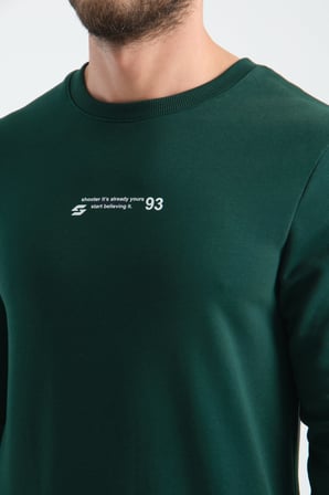 Koyu Yeşil Erkek Üç İplik Sweatshirt Regular Fit Pamuklu Bisiklet Yaka Günlük Spor Basic