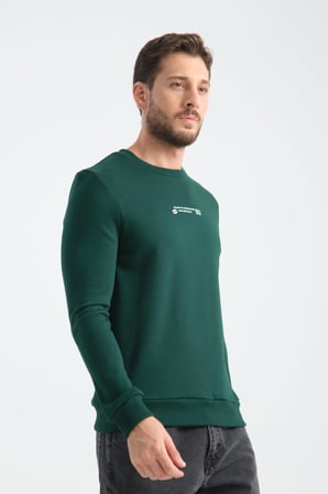 Koyu Yeşil Erkek Üç İplik Sweatshirt Regular Fit Pamuklu Bisiklet Yaka Günlük Spor Basic