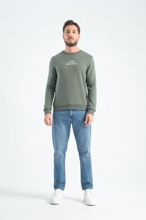 Haki Erkek Üç İplik Sweatshirt Şardonsuz Pamuklu Regular Fit Bisiklet Yaka Spor Sweat Haki M
