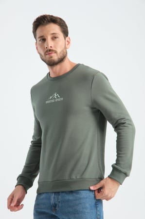 Haki Erkek Üç İplik Sweatshirt Şardonsuz Pamuklu Regular Fit Bisiklet Yaka Spor Sweat Haki L