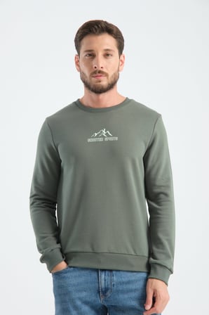 Haki Erkek Üç İplik Sweatshirt Şardonsuz Pamuklu Regular Fit Bisiklet Yaka Spor Sweat Haki 2XL
