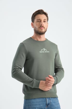 Haki Erkek Üç İplik Sweatshirt Şardonsuz Pamuklu Regular Fit Bisiklet Yaka Spor Sweat Haki 2XL