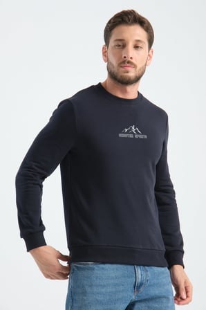 Lacivert Erkek Üç İplik Sweatshirt Şardonsuz Pamuklu Regular Fit Bisiklet Yaka Spor Sweat Lacivert XL