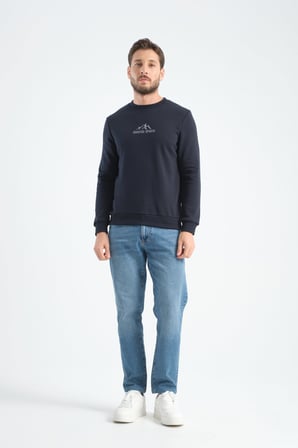 Lacivert Erkek Üç İplik Sweatshirt Şardonsuz Pamuklu Regular Fit Bisiklet Yaka Spor Sweat Lacivert XL