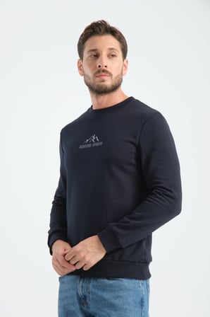 Lacivert Erkek Üç İplik Sweatshirt Şardonsuz Pamuklu Regular Fit Bisiklet Yaka Spor Sweat Lacivert XL