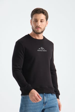 Siyah Erkek Üç İplik Sweatshirt Şardonsuz Pamuklu Regular Fit Bisiklet Yaka Spor Sweat Siyah XL