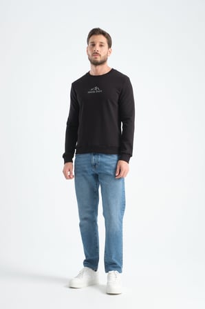 Siyah Erkek Üç İplik Sweatshirt Şardonsuz Pamuklu Regular Fit Bisiklet Yaka Spor Sweat Siyah XL