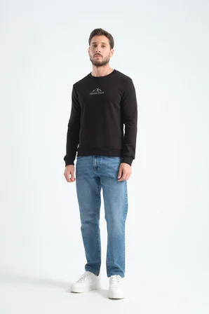 Siyah Erkek Üç İplik Sweatshirt Şardonsuz Pamuklu Regular Fit Bisiklet Yaka Spor Sweat Siyah 3XL