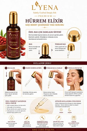 LYENA Premium Hürrem Elixir Goji Berry Yağı Yüz Bakım Serumu 50 ml – Hızlı Emilim Yağlı His Bırakmayan Serum