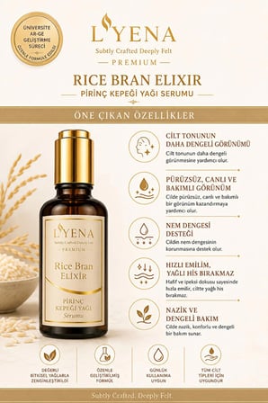 LYENA Premium Rice Bran Elixir Pirinç Kepeği Yağı Cilt Bakım Serumu 50 ml – Pürüzsüz ve Dengeli Görünüm Destekleyici 