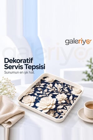 Galeriyo Beyaz Çiçek Desenli Kare Büyük Boy Servis Tepsisi