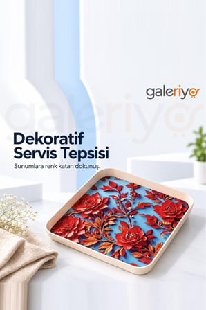 Galeriyo Kırmızı Çiçek Desenli Kare Büyük Boy Servis Tepsisi