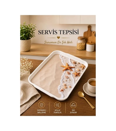 Galeriyo Deniz Sahil Desenli Orta Boy Servis Tepsisi