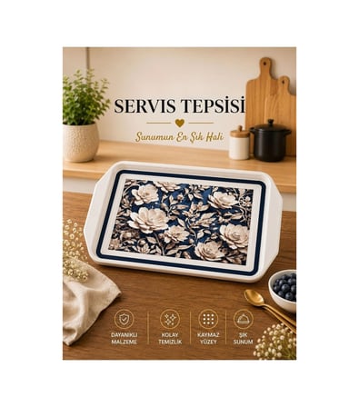 Galeriyo Beyaz Çiçek Desenli Servis Tepsisi kare 