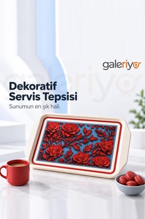 Galeriyo Kırmızı Çiçek Desenli Servis Tepsisi