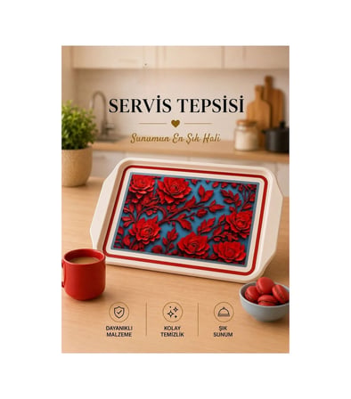 Galeriyo Kırmızı Çiçek Desenli Servis Tepsisi