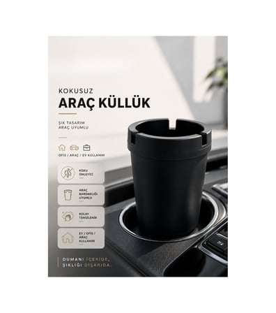 Galeriyo Kokusuz Sert Plastik Oto Araba Küllük Siyah 1 Adet 