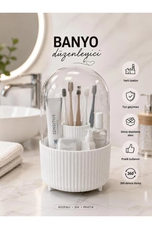 Galeriyo Şeffaf Kapaklı 360 Banyo Düzenleyici Organizer Beyaz