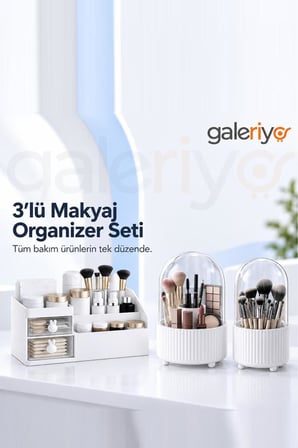 Çekmeceli Makyaj Organizer, 360° Dönebilen ve Fırça Düzenleyici 3’lü Set 