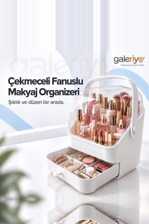 Fanuslu Çekmeceli Makyaj Organizeri | Şeffaf Kapaklı Masaüstü Kozmetik Düzenleyici