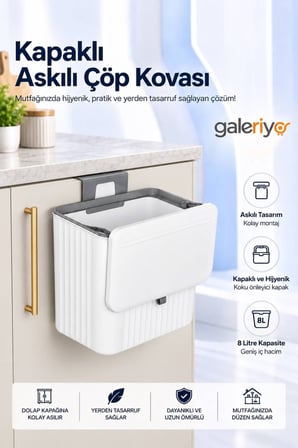 8 Litre Mutfak Tezgah Üstü ve Dolap Askılı Çöp Kovası | Kapaklı Pratik Atık Kovası
