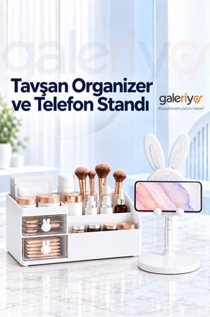 Tavşan Kulplu Makyaj Organizeri & Tavşan Figürlü Telefon Tablet Standı İkili Set Beyaz