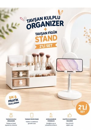 Tavşan Kulplu Makyaj Organizeri & Tavşan Figürlü Telefon Tablet Standı İkili Set Beyaz