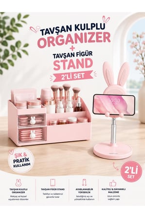 Tavşan Kulplu Makyaj Organizeri & Tavşan Figürlü Telefon Tablet Standı İkili Set Pembe