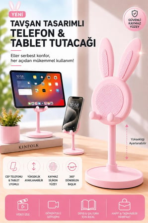 Tavşan Kulplu Makyaj Organizeri & Tavşan Figürlü Telefon Tablet Standı İkili Set Pembe