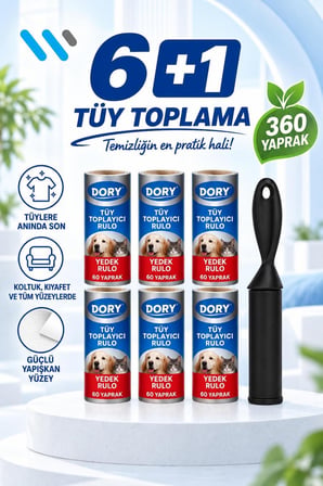 Dory Tüy Toplama Rulosu 6’lı Set + Sap – Evcil Hayvan Tüyü, Koltuk ve Kıyafet İçin
