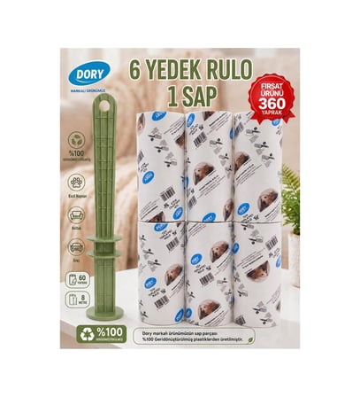 Dory Tüy Toplama Rulosu 6’lı Set + Sap – Evcil Hayvan Tüyü, Koltuk ve Kıyafet İçin