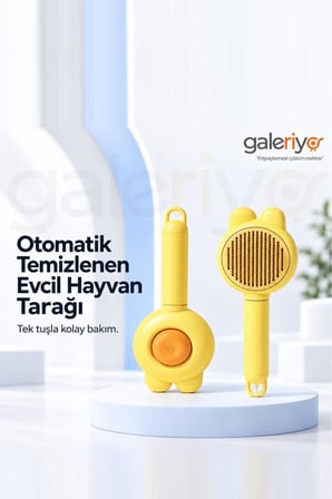 Galeriyo Otomatik Temizlenen Kedi Figürlü Evcil Hayvan Tarağı Sarı