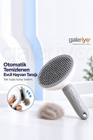Otomatik Temizlenen Tuşlu Evcil Hayvan Fırçası Kedi Köpek Tüy Toplayıcı Gri