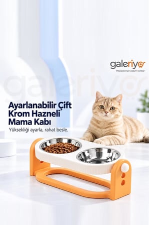 Ayarlanabilir Çift Krom Hazneli Mama Kabı Turuncu