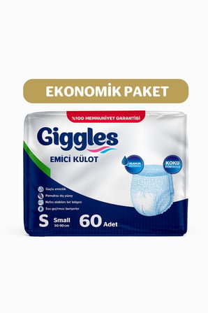 Giggles Yetişkin Emici Külot Bez Small Bel Ölçüsü 50-90cm Islaklık Göstergeli 30'lu 2 Paket 60 Adet