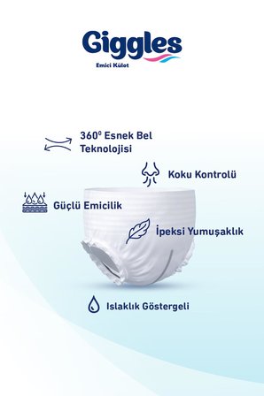 Giggles Yetişkin Emici Külot Bez XXLarge Bel Ölçüsü 170+cm Islaklık Göstergeli 30'lu 4 Paket 120 Adet