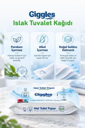 Giggles Islak Tuvalet Kağıdı Suda Çözünen Tuvalete Klozete Atılabilir Mendil 1 Paket 60 Adet