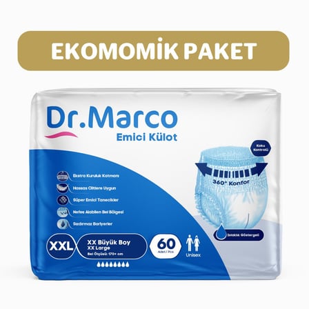 Dr.Marco Yetişkin Emici Külot Bez XXL Bel Ölçüsü 170+cm Islaklık Göstergeli 30'lu 2 Paket 60 Adet
