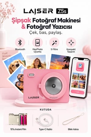 Laiser Z5s İnstant Kamera ve Fotoğraf Yazıcısı - Şipşak Fotoğraf Makinesi -Pembe