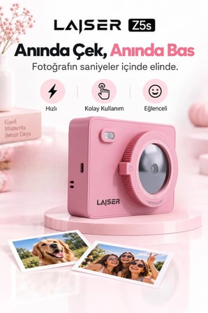 Laiser Z5s İnstant Kamera ve Fotoğraf Yazıcısı - Şipşak Fotoğraf Makinesi -Pembe