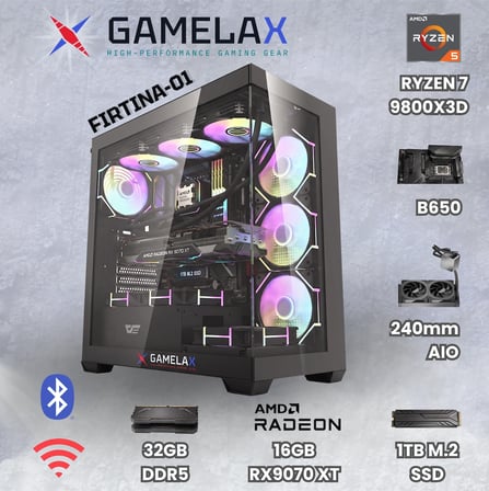 Gamelax FIRTINA-01 AMD Ryzen7 9800X3D RX9070XT 16GB 32GB DDR5 Ram 1TB M.2 SSD 240MM Sıvı Soğutma Wi-Fi Masaüstü Gaming Bilgisayarı