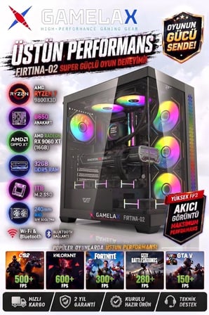 Gamelax FIRTINA-02 AMD Ryzen7 9800X3D RX9060XT 16GB 32GB DDR5 Ram 1TB M.2 SSD 240MM Sıvı Soğutma Wi-Fi Masaüstü Gaming Bilgisayarı