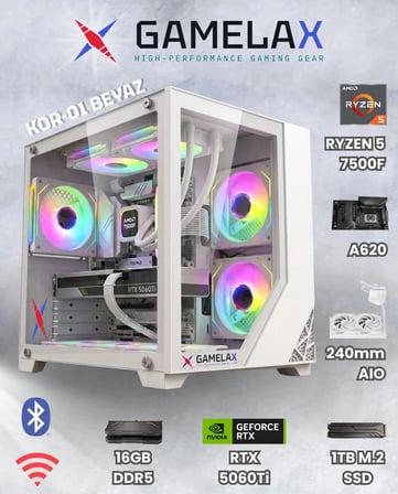 Gamelax KOR-01 Beyaz AMD Ryzen5 7500F RTX5060 Tİ 8GB 16GB DDR5 Ram 1TB M.2 SSD 240MM Sıvı Soğutma Wi-Fi Masaüstü Gaming Bilgisayarı
